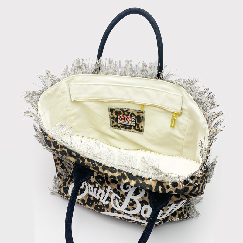 New Leopard Print Bag, Large Capacity Canvas Tassel Design Handbag, Women's Summer Zippered Shoulder Bag