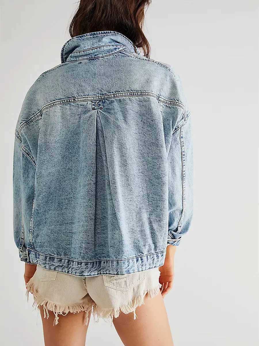 Women Denim Jacket with Pockets Long Sleeve Turn-down Collar Button Closure Solid Color Spring Fall Loose Coat StreetwearX240920