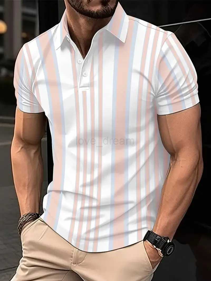 Mens Casual Fashion Summer Simplicity Short Sleeve 3D Printing Golf Polo Shirt Stripe Button Mens Short Sleeve Oversized TopsXJ240920