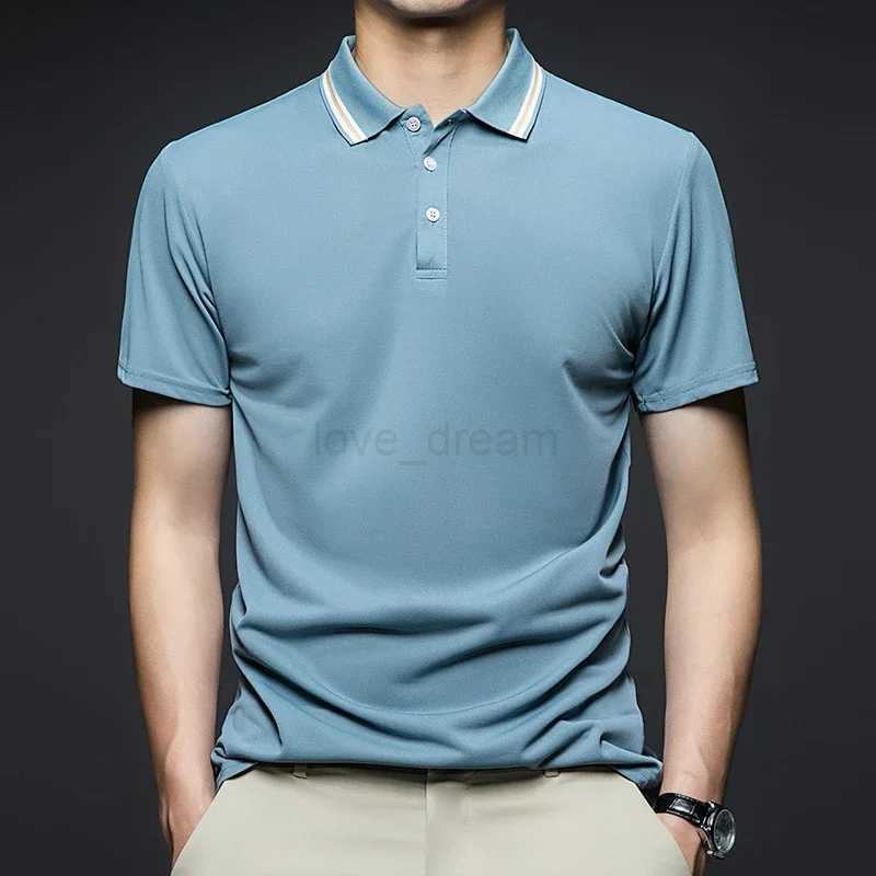 Mens Fashion Solid Short Sleeved Striped Lapel Polo Shirt Summer Breathable Comfortable TopXJ240920