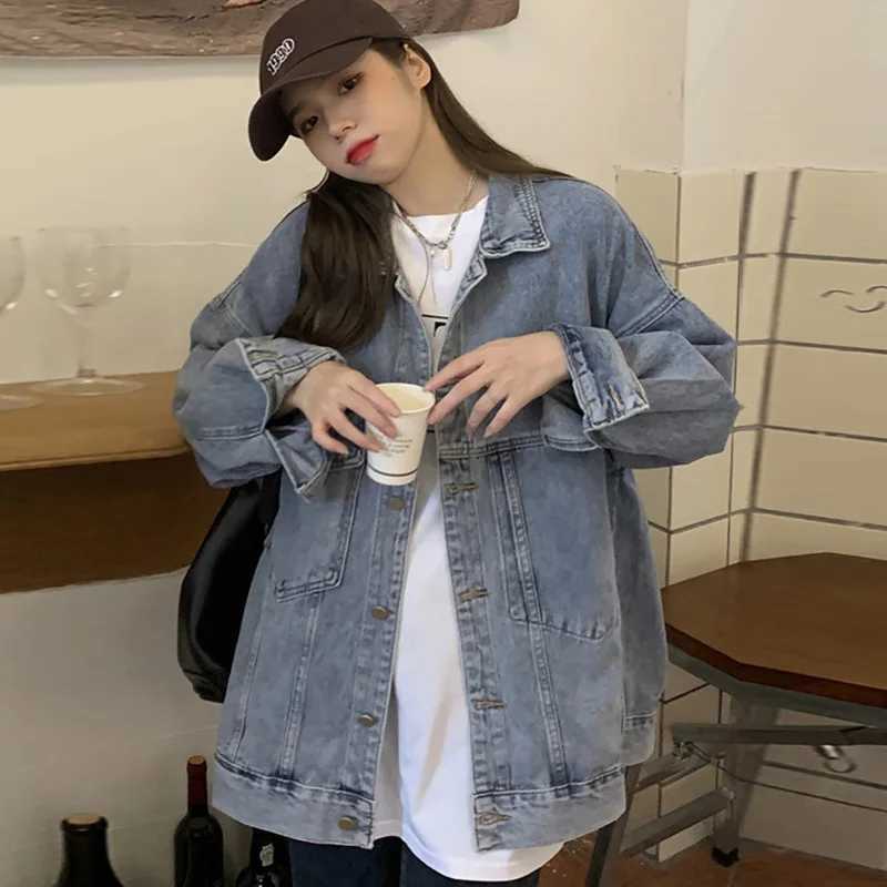 New Korean Denim Jacket Women Autumn Outerwear Oversized Long Sleeve Coat Female Vintage Loose Streetwear Jeans Jackets TopX240920