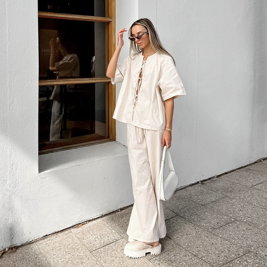 2024 autumn pure cotton apricot cardigan casual women's home wear loose five quarter sleeve pants pajama set