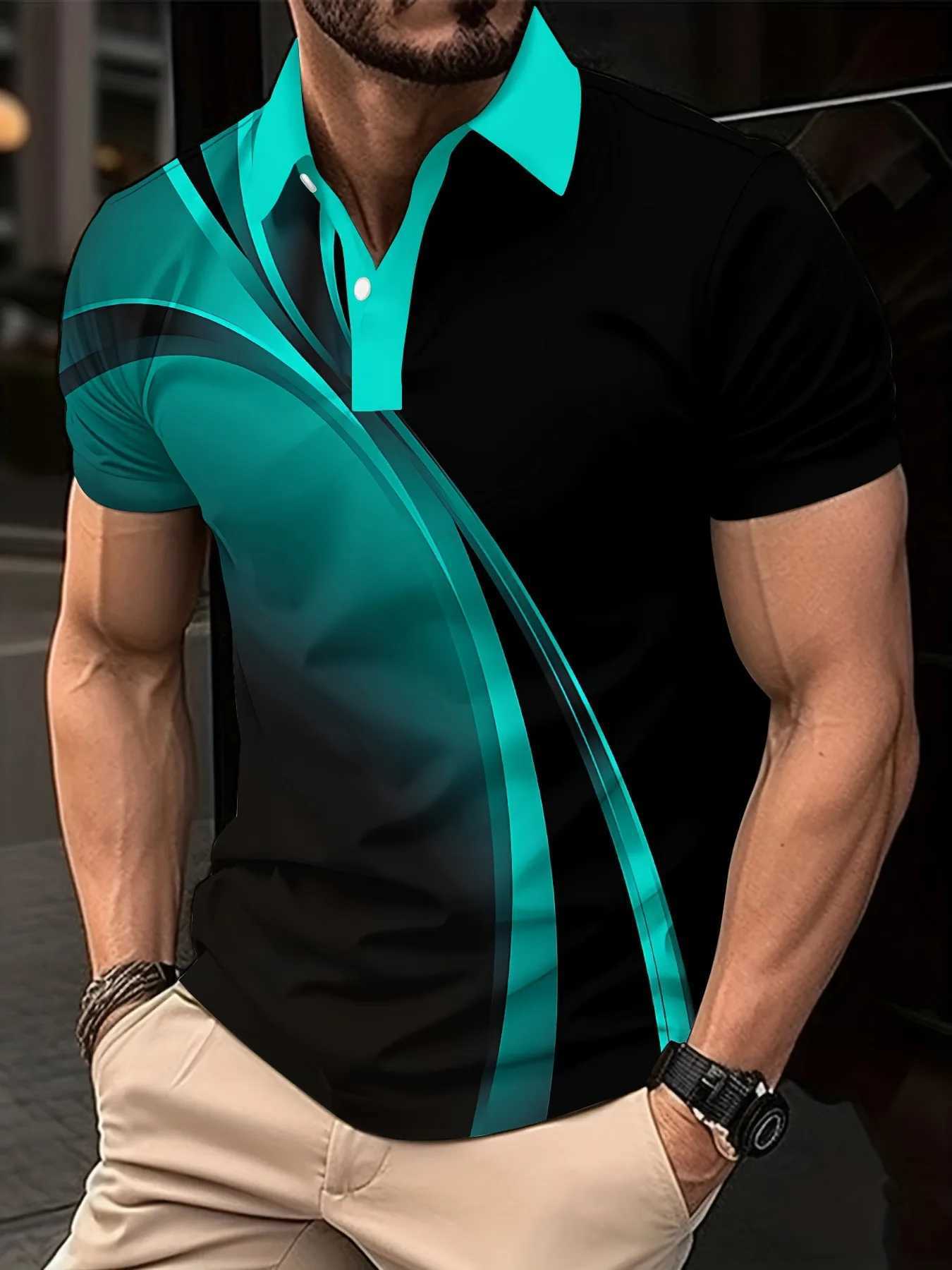 New Fashion Mens Gradient Line Summer Short Sleeved T-Shirt Casual Daily Lapel Top Polo Shirt Striped T-Shirt Mens ClothingX240920