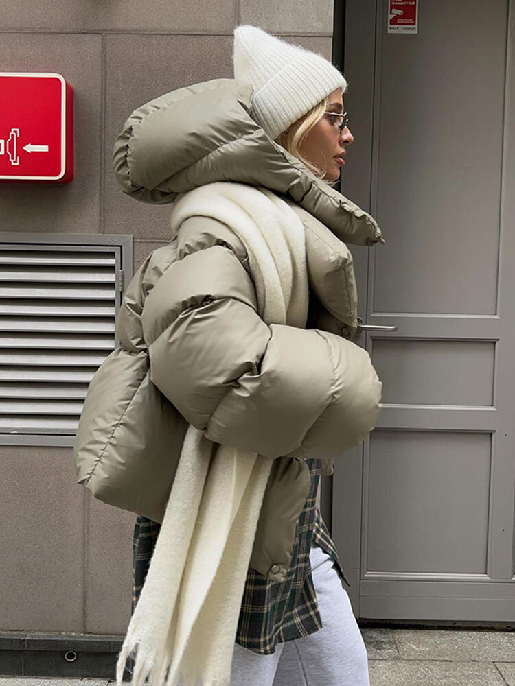 Women Winter Solid Thicken Warm Down Coats With Hat Fashion Lapel Single Breasted Cropped Cotton Jacket Casual Lady Street Wear
