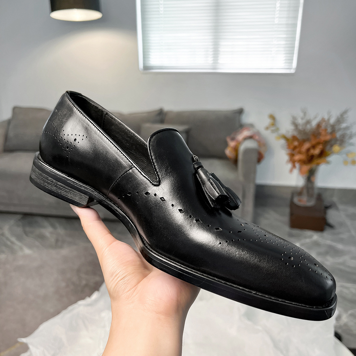 Classic Handmade Mens Tassel Loafers Genuine Leather Slip-on Buckle Wingtip Italian Style Brogue Wedding Dress Shoes for Men