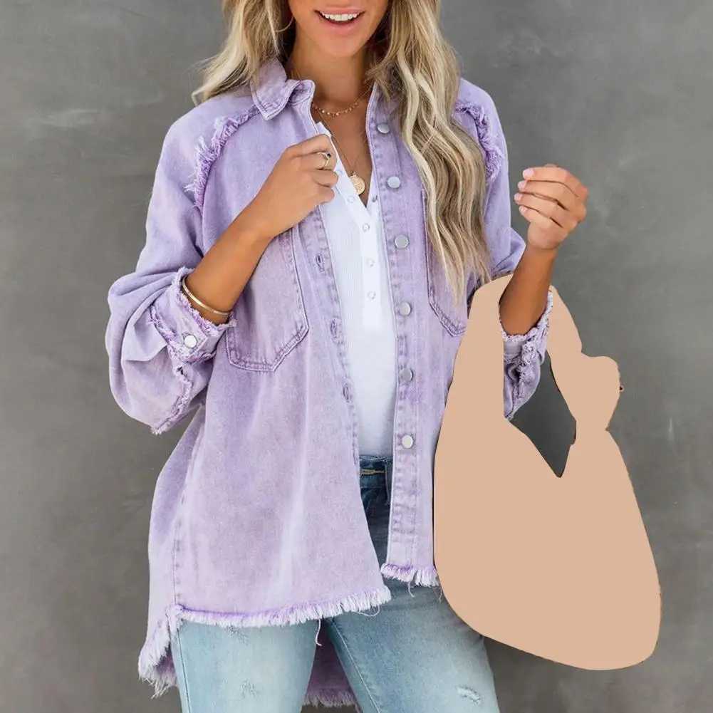 Women Denim Jacket Solid Color Oversized Jacket Streetwear Denim Jacket Distressed Fringed Hem Oversized Fit Pockets for WomenX240920