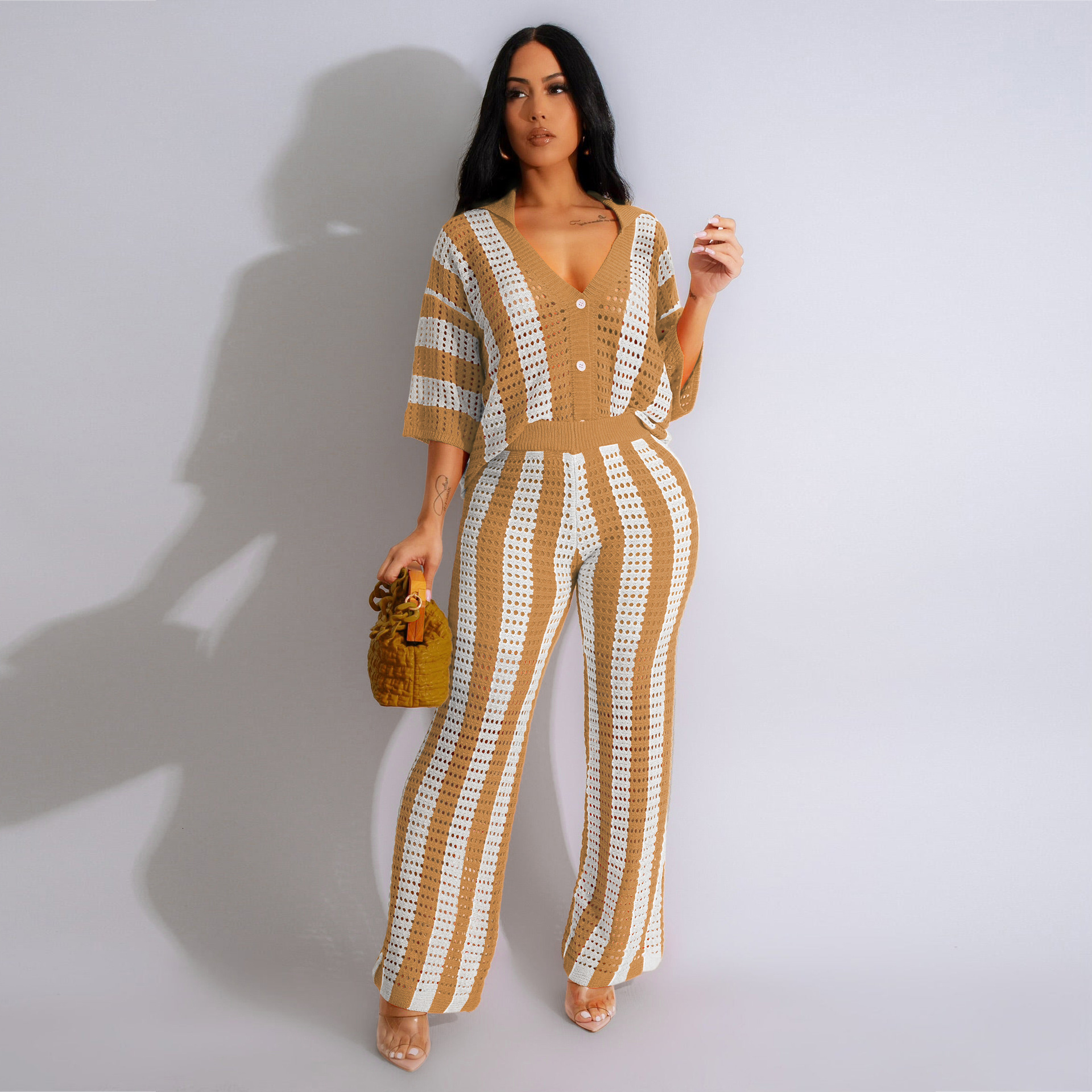 2024 Women's sexy V-neck hollowed out striped lapel knitted wide pants set