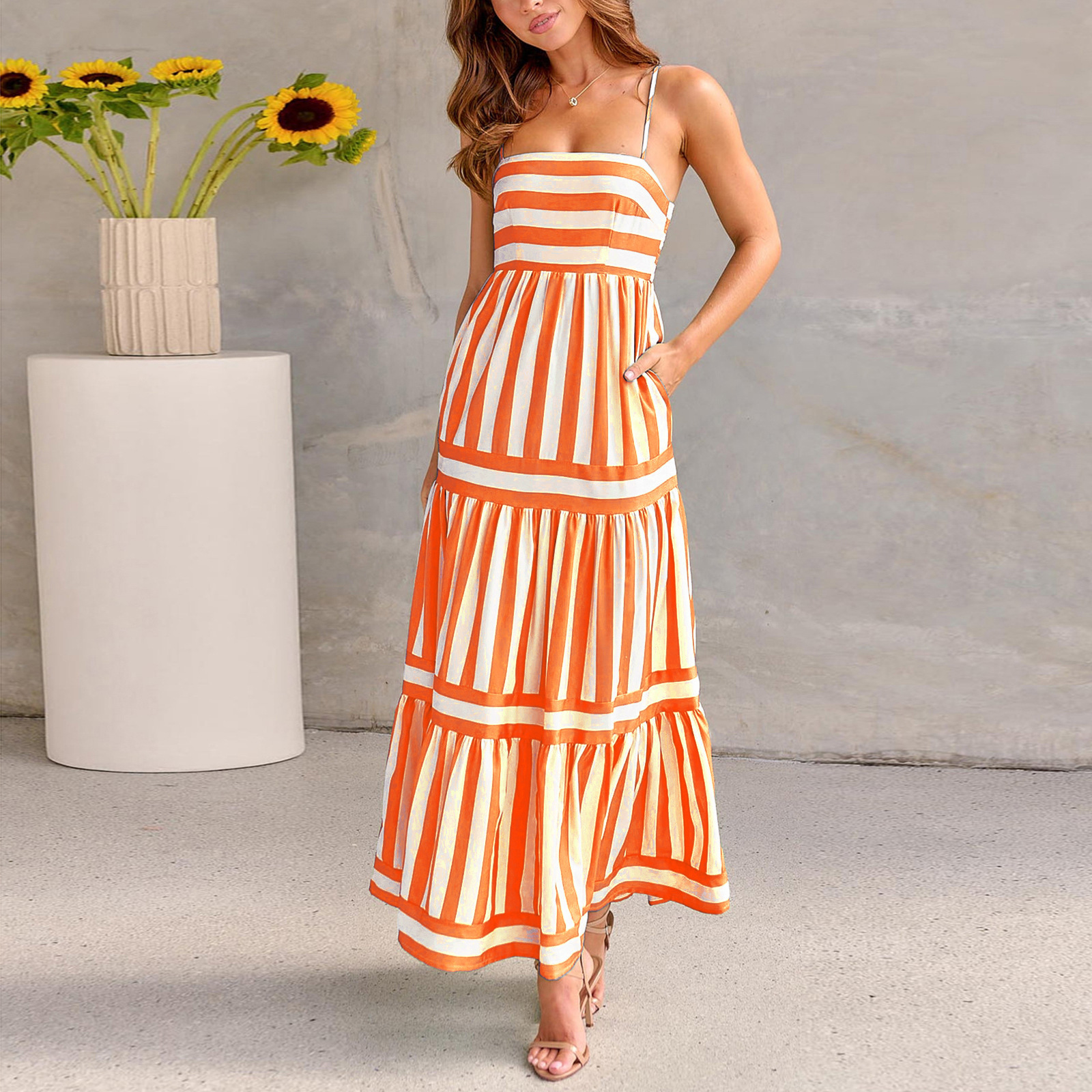 2024 New Dress Women's Summer European and American Stripe Printed Strap with Open Back Pocket Large Swing Skirt