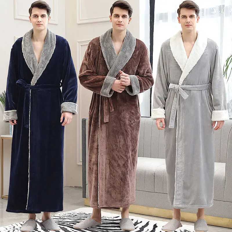 Flannel Fur Collar Mens Long Robe Sleepwear Autumn Winter Couple Bathrobe Nightwear Thick Coral Fleece Loungewear Home Clothes Y240919
