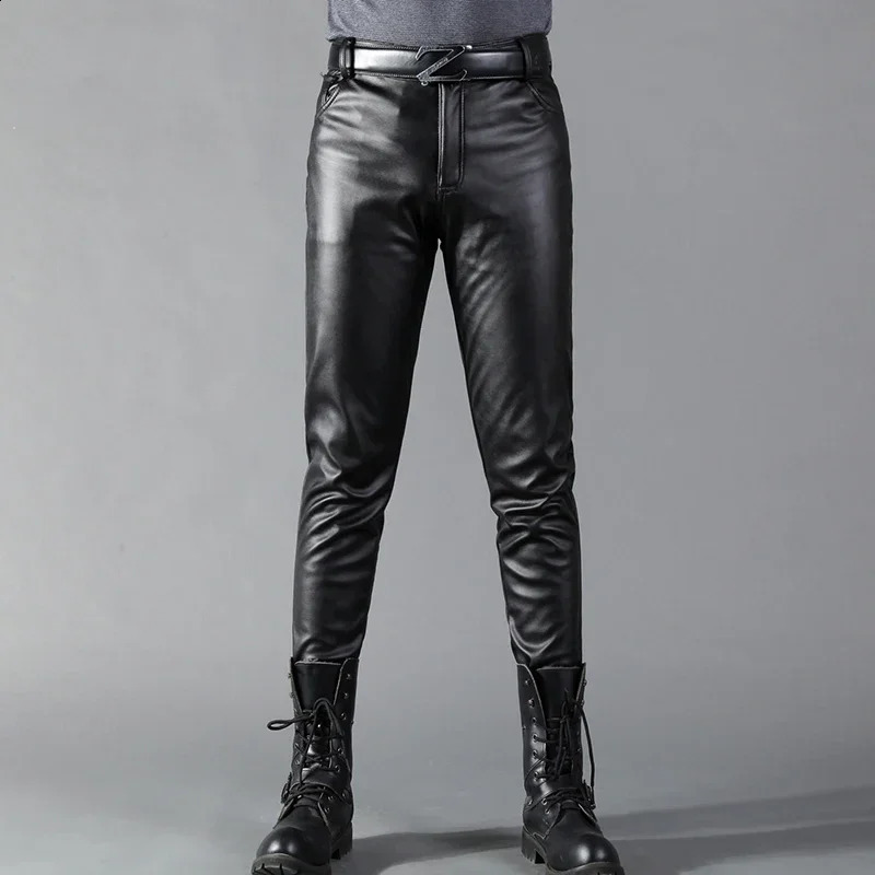 Mens leather pants slim fit elastic fashion PU cyclist nightclub party and dance thin 240913