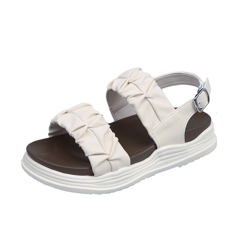 2024 Spring and Summer New Solid Color One line Buckle with Thick Bottom Round Head Beach Internet Red Fashion Look Thin Women's Sandals