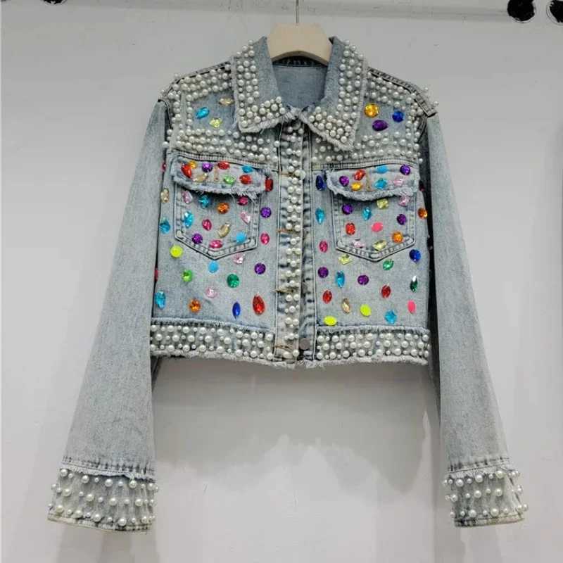 Spring Autumn Women Rainbow Diamonds Pearls Beaded Denim Jacket Rhinestones Rivets Short Jeans Cowboy Cardigan Sequined OutwearX240920