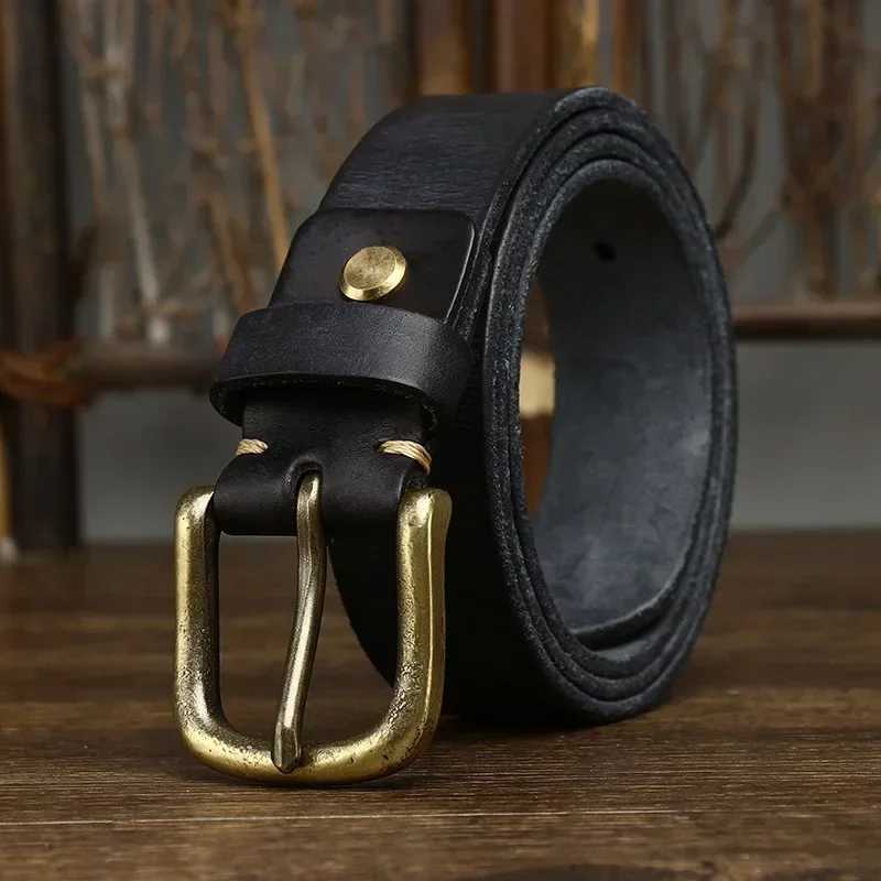 3.3CM genuine leather belt mens luxury belt mens fashion pure denim copper buckle wild classic retro pin buckle high quality W240920