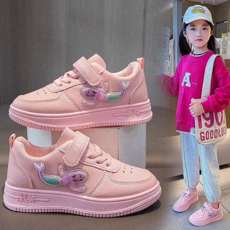 Children's girls' students' flat casual sports shoes, low top round toe white running board shoes