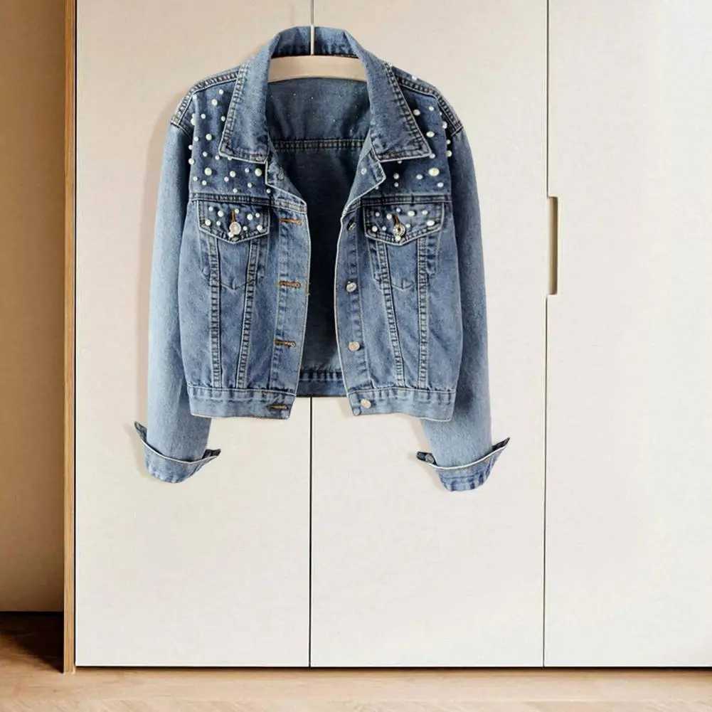 Chic Women Denim Jacket Cool Keep Warm Colorfast Imitation Pearl Easy to Match Women Coat Lady Denim Jacket Beads DecorX240920