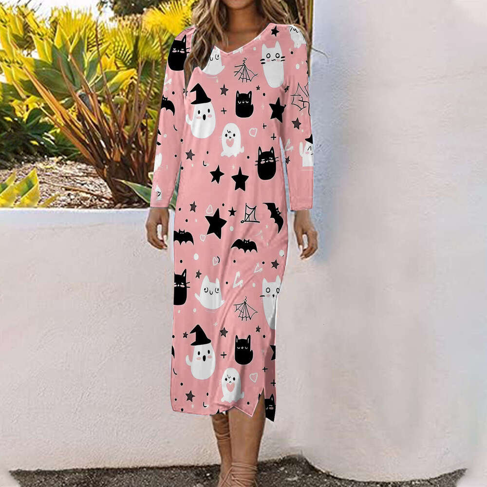 Hallowmas Halloween print 2024 new fashionable casual versatile mid length dress for women
