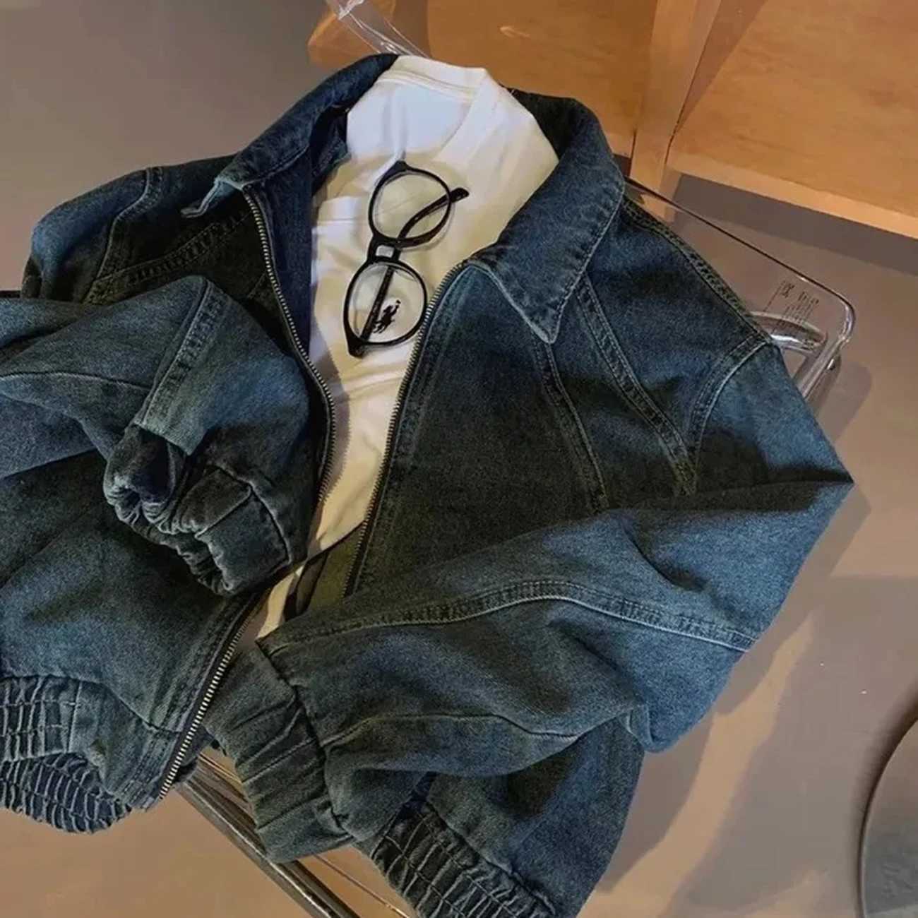 AI.Fashion Lapel Denim Jackets Women Zipper Long Sleeve Coats Women Elegant Streetwear Elastic Hem Jackets Female LadiesX240920
