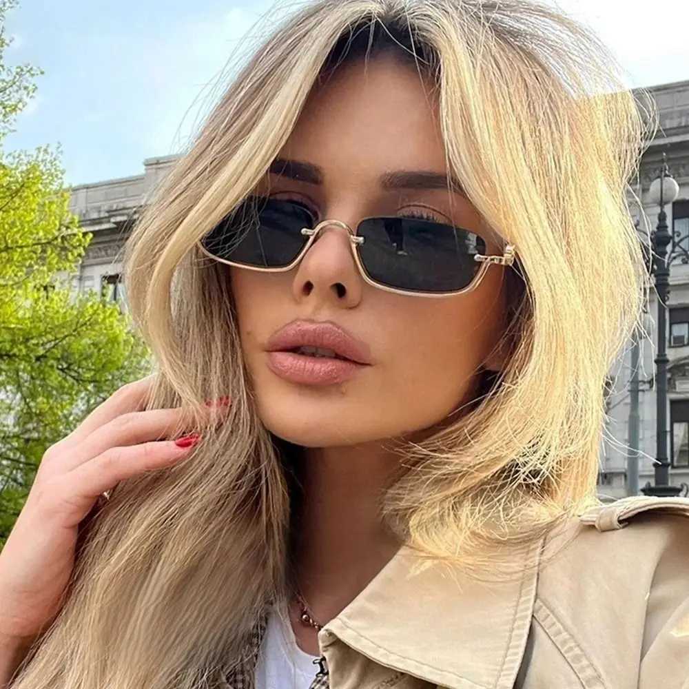 Small Square Womens Sunglasses Metal Half Frame Sun Glasses Vintage Shades UV400 Protection Trendy Narrow Hip Hop EyewearX240920