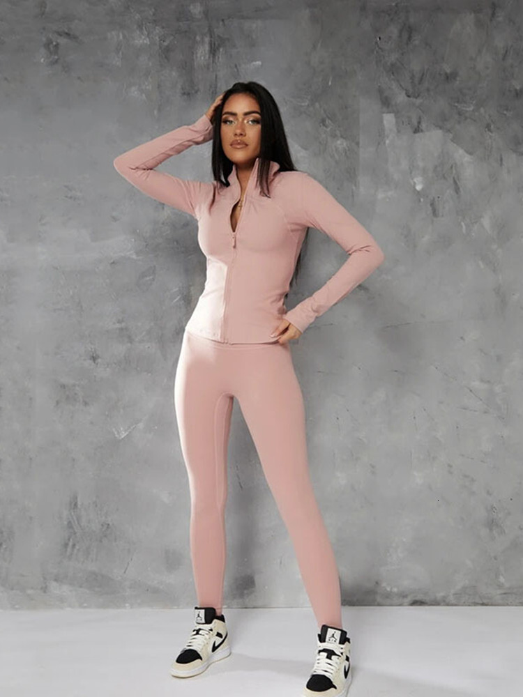 Solid 2 Pieces Set Outfits Women Zipper Tracuits Running Fiess Sports Wear Long Sleeve Pants Slim Body Suits Woman Clothing