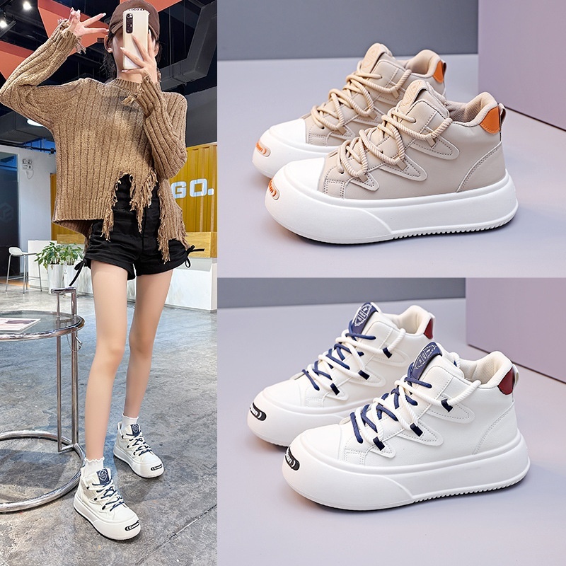Ins Korean version white 2023 autumn and winter new women's sponge cake high top shoes, casual thick soled board shoes for women