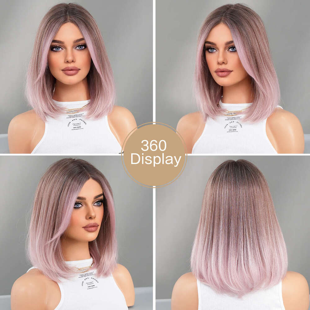 HD Transparent Front Wig High Density Synthetic Short Straight Pink Brown Bob With Dark Roots Layered T Part Lace Wigs