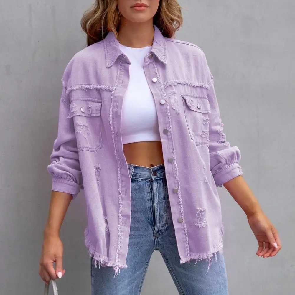 Hip Hop Rough Edges Denim Jacket Ripped Pocket Lapel Long Sleeve Single-breasted Vintage Jeans Jacket Coat Women Spring CoatX240920