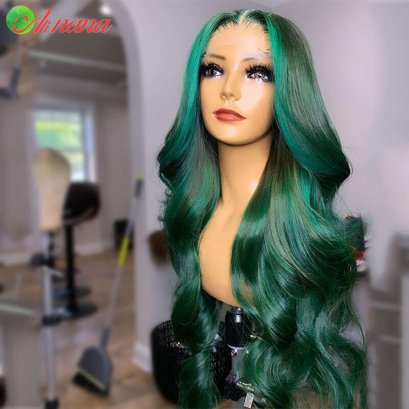 Olive Green Color Body Wave Transparent Brazilian Human Hair Pre-Plucked 13x4 Lace Frontal Wig Remy Highlights Wigs