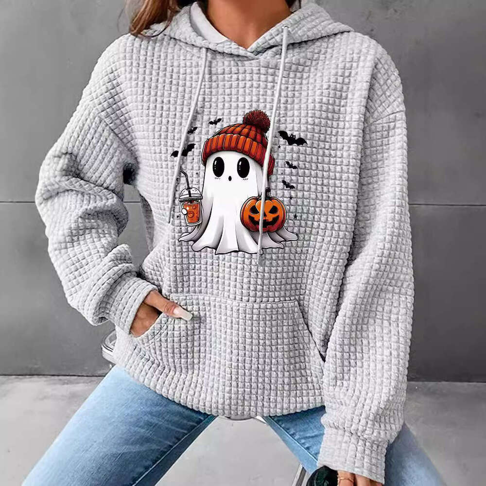 Hallowmas 2024 Autumn/winter Womens New Waffle Long Sleeve Halloween Printed Hoodie Loose European Size Defined Jacket Coats Women Womens Jacket Autum