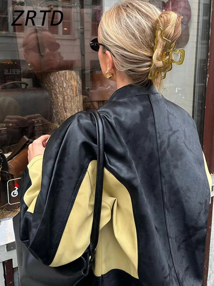 Vintage Patchwork Womens Leather Jacket Loose O-neck Long Sleeve Zipper Moto Biker Coats 2024 Autumn Lady Contrast Y2K Outwear 240920