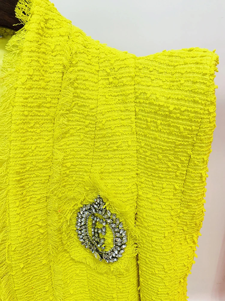 High Street est F/W Runway er Fashionable Womens Ultra Thin Fit Shoulder Diamond Beaded Ruffle Coarse Linen Jacket 240919