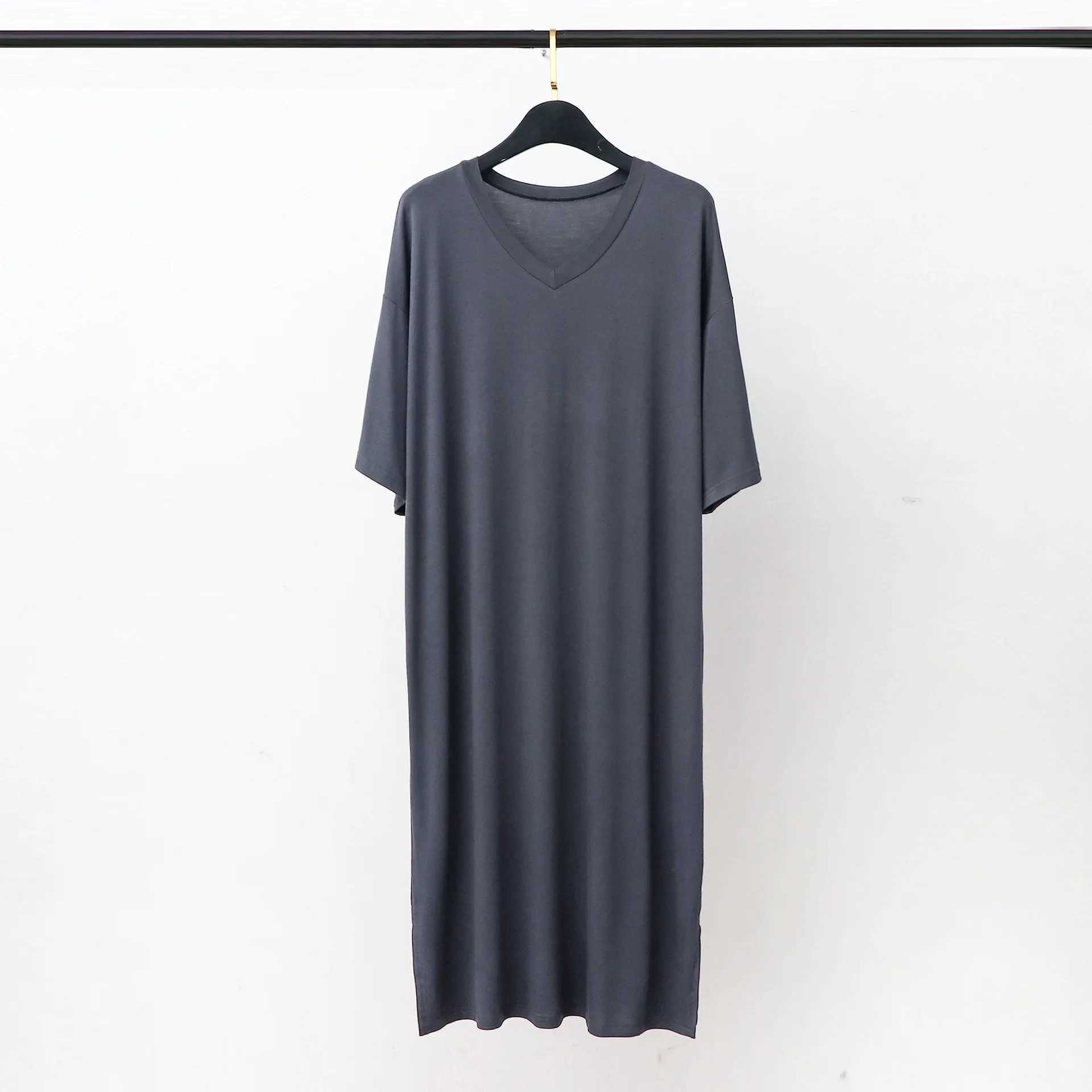 Modal Pajamas Home Clothes Mens Short-sleeved V-neck Mid-length One-piece Nightgown Loose Large Size Mens Cotton Bathrobe Y240919