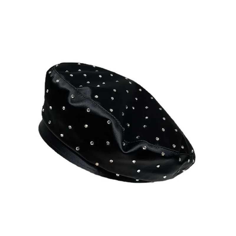 2023 New Satin Rhinestone Beret Cap Womens Fashion Black Painter Hat Spring and Autumn Octagonal Hats Newsboy Gorras CasquetteX240919