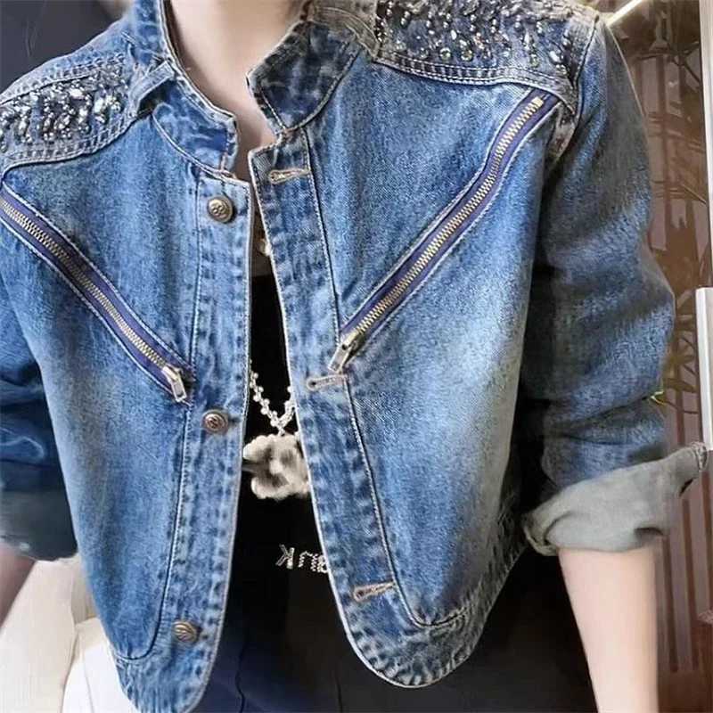 Women Trendy Vintage Y2K Streetwear Rhinestone Zipper Button Denim Jacket Casual Stand Collar Long Sleeve Outerwears Coat Z565X240920