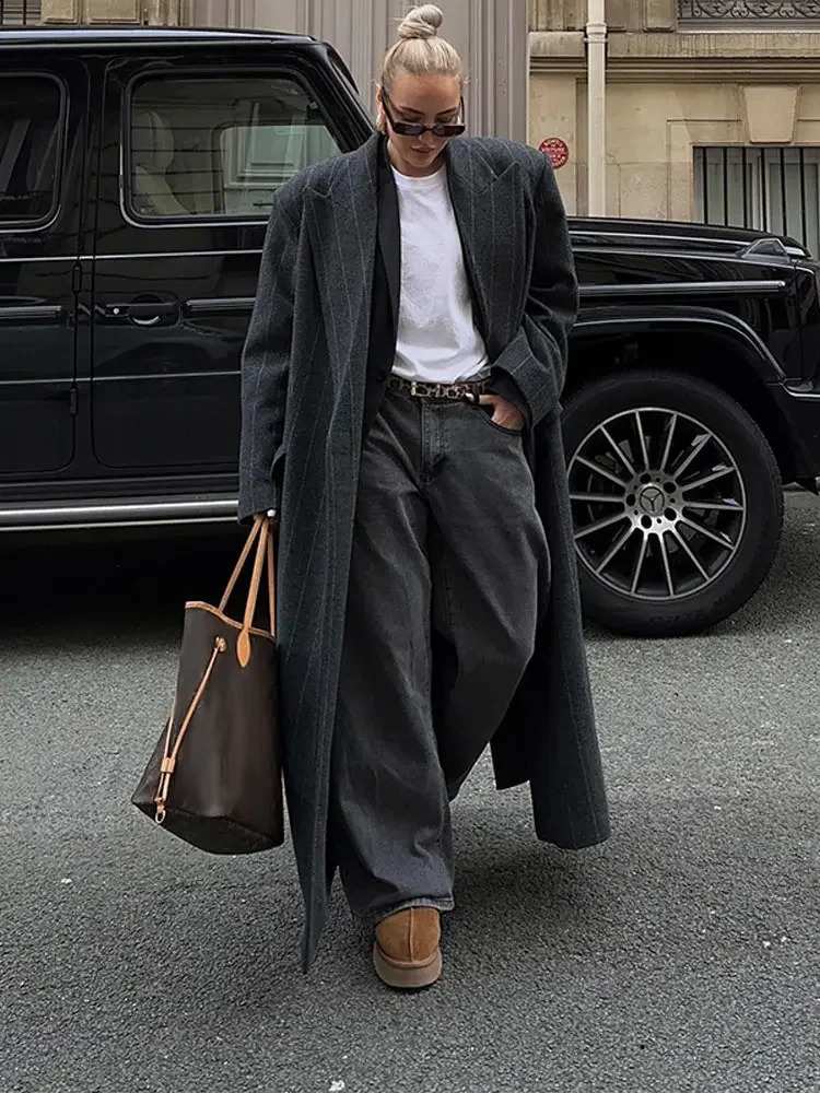 Autumn Stripe Woolen Dark Grey Overcoats Women Fashion Lapel Long Sleeves Loose Long Coats Winter Lady Commute Jacket 240909