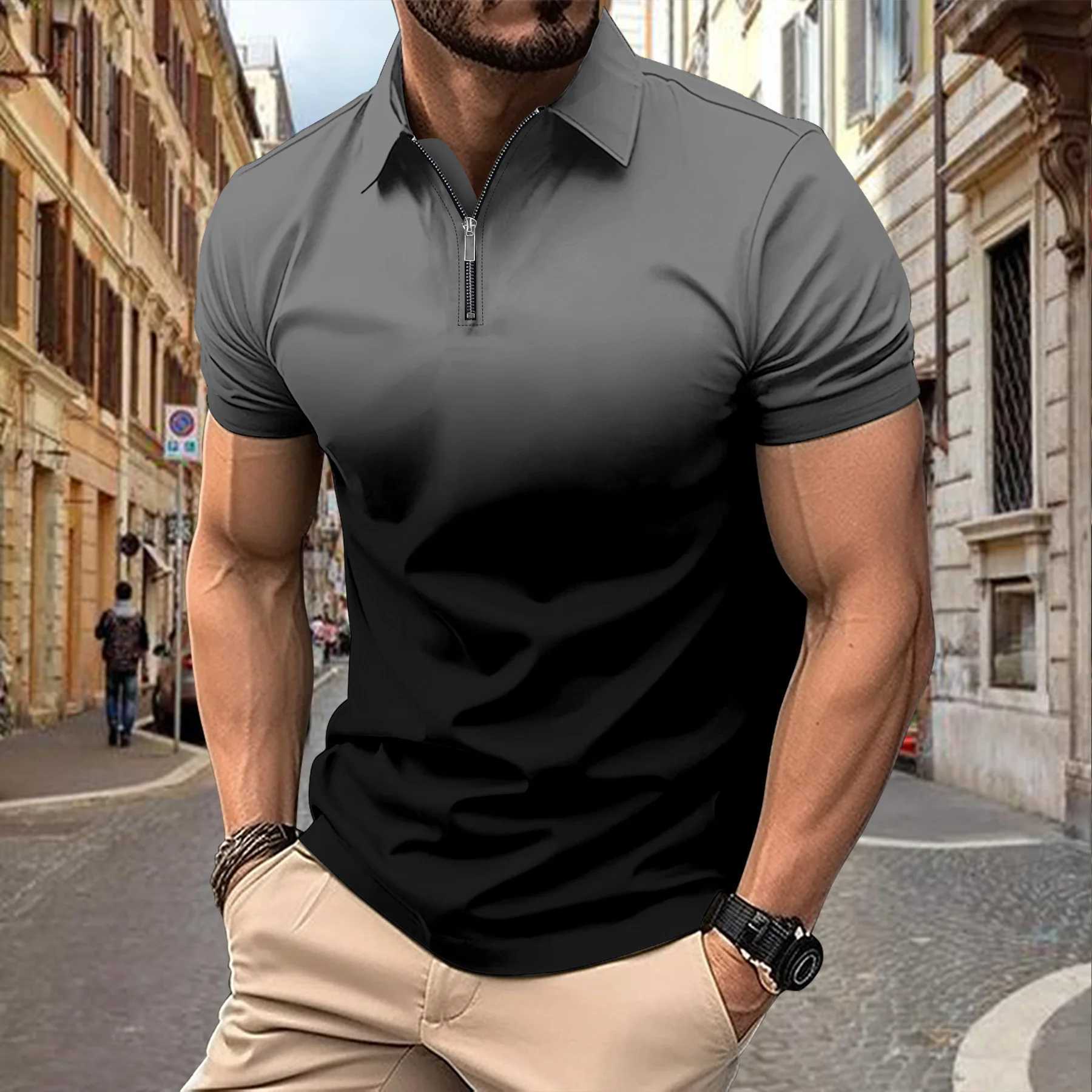 Mens casual breathable short-sleeved Polo shirt lapel zipper shirt Fashion business office summer T-shirt new topX240920