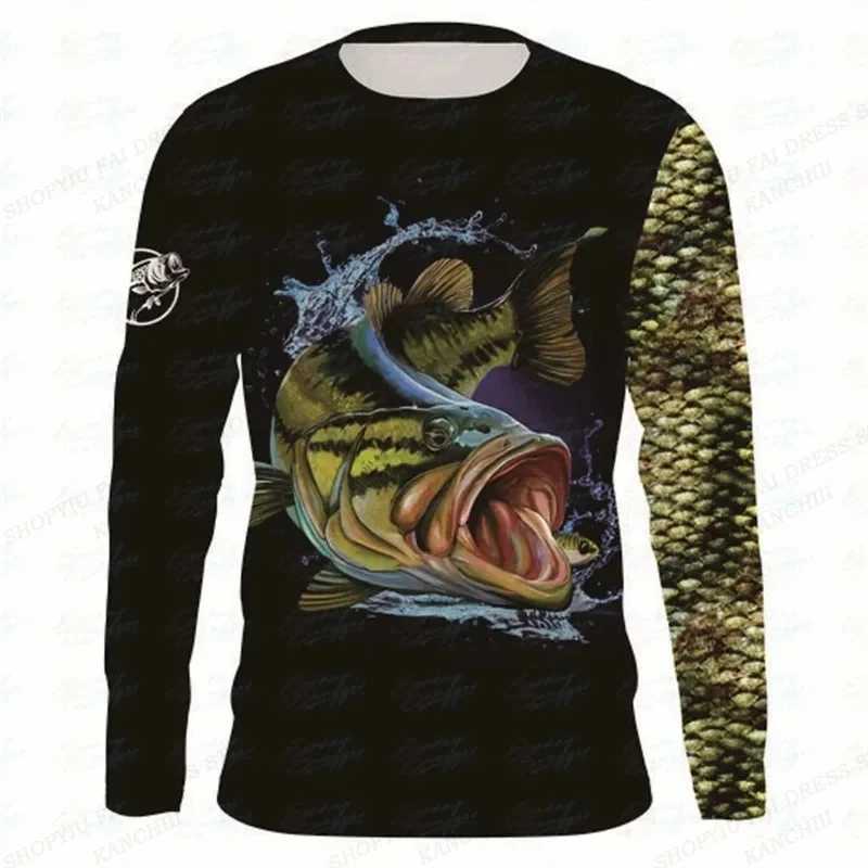 Mens long sleeve T-shirt 3D printed mens long T-shirt Street O collar pullover Oversized T-shirt mens clothing fashion fishX240919