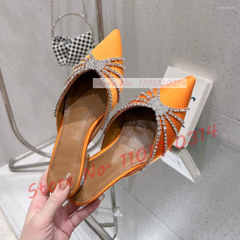 Slippers Crystal Wrap Pointy Toe Satin Women Luxury Sparkly Block Low Heel Shoes Ladies Trending Glittery Dress Flat Slides