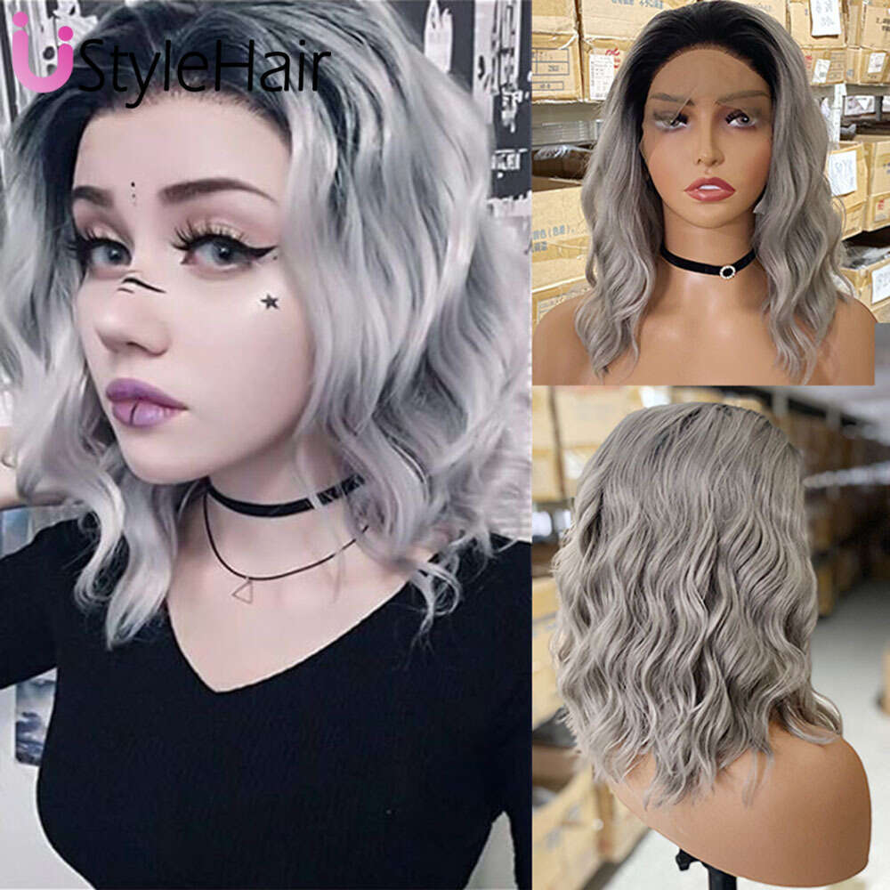 Ustylehair Ombre Grey Lace Front Synthetic Hair Natural Haire Short Wave Wigs For Women Daily Use Cosplay Party Wig