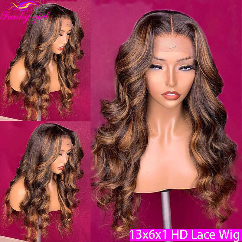 4/27 Body Wave Human Transparent Front Wig Highlight Lace Closure Wigs Brazilian 100Human Hair For Women