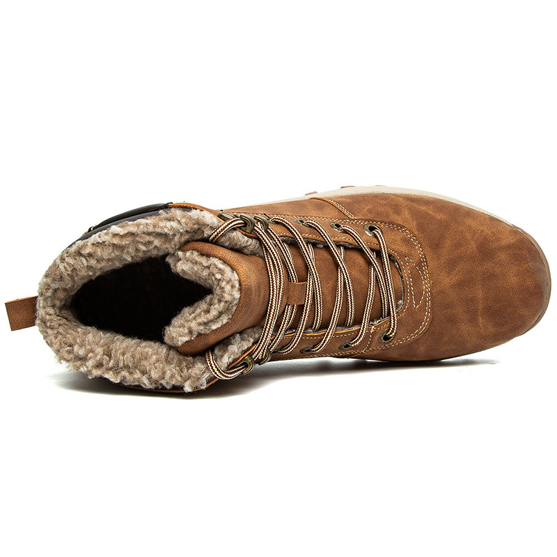 Large size high top casual lace up and plush snow boots, outdoor men's hiking warm Northeast boots