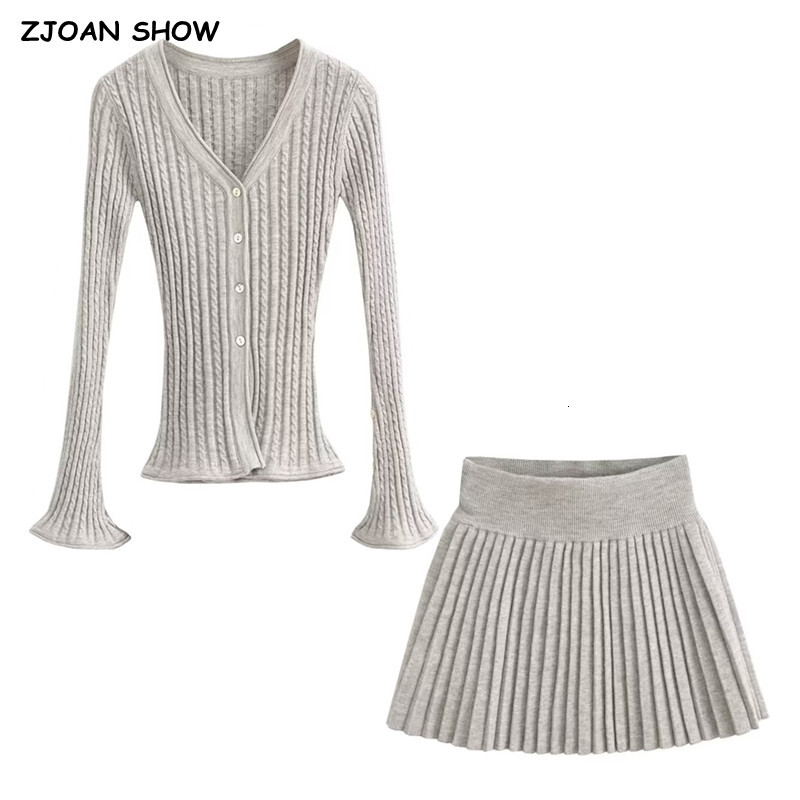 4 Colors Preppy Style 2 Pieces 1 Set V Neck Twist Knit Cardigan Retro Women Elastic Waist Pleated Mini Skirt Matching Suits