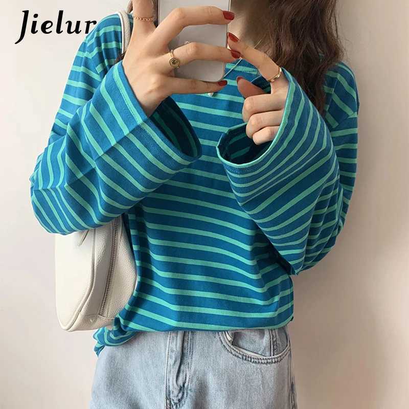 Jielur Korean Fashion Striped T-shirt Autumn Long Sleeve Womens Top Loose Casual Cotton T-shirt Female Blue Orange S-XL M240920