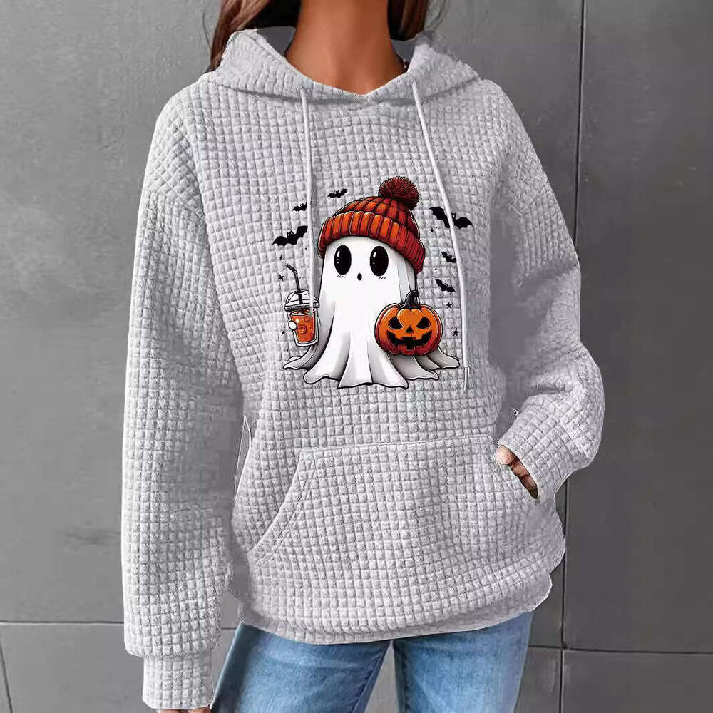Hallowmas 2024 Autumn/winter Womens New Waffle Long Sleeve Halloween Printed Hoodie Loose European Size Defined Jacket Coats Women Womens Jacket Autum