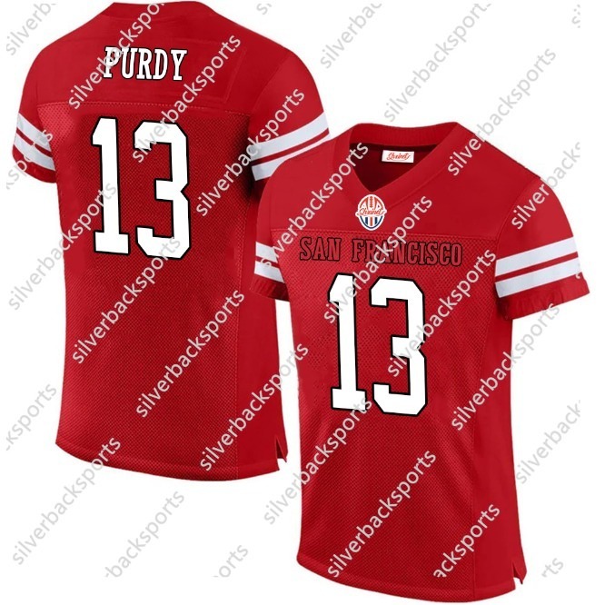 Men's Womens Youth 13 Brock Purdy Comfy V-Neck Football Jersey with Black Mesh Embroidery for Training and Compeon Breathable Moisture-Wicking Sh