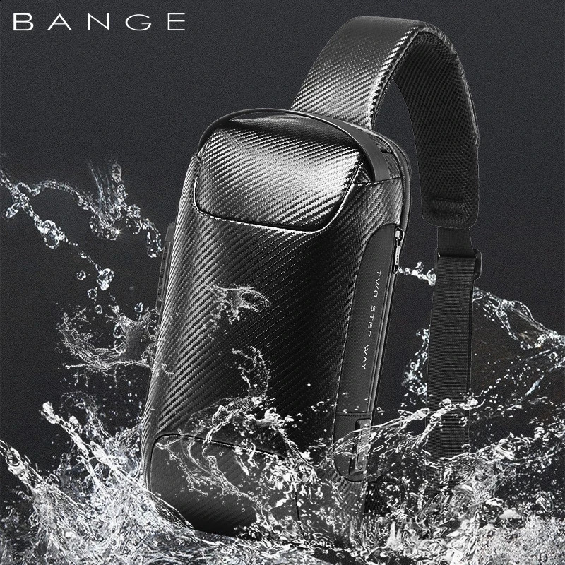 Bange Upgraded Mens Waterproof Multi functional Carbon Fiber Pattern Cross body Bag USB Strap Shoulder Messenger Luggage 240919