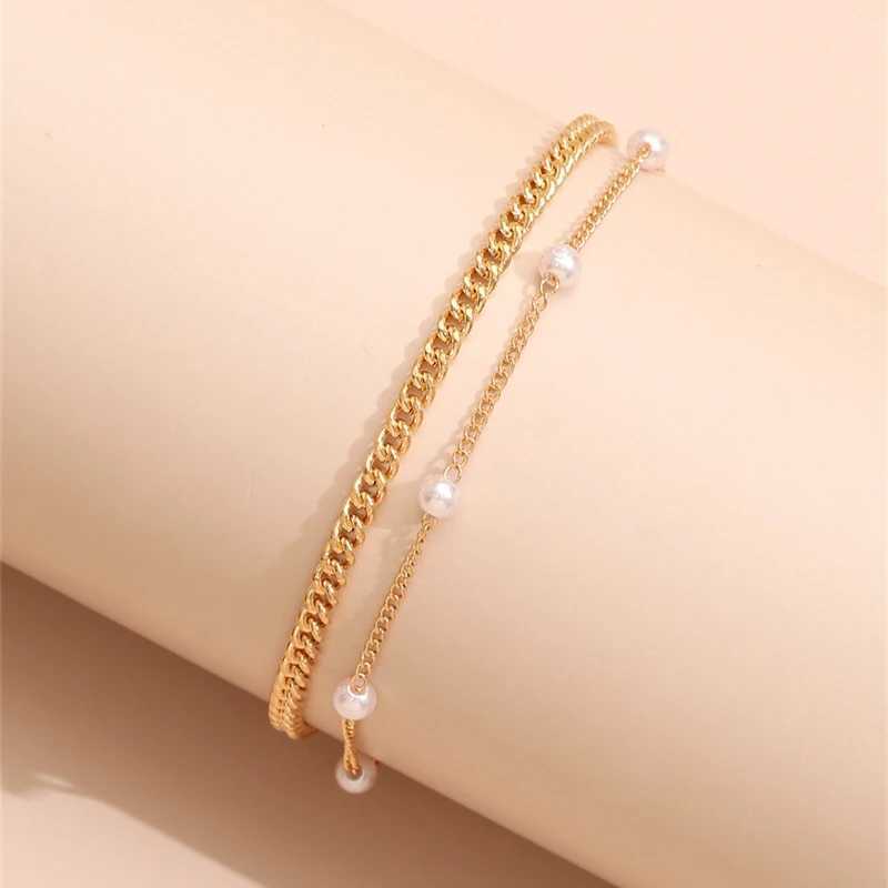 Boho Double Layers Anklets For Women Gold Color Metal Pearl Ankle Bracelet Summer Beach Ankle Chain Foot Jewelry Accessories Y240920