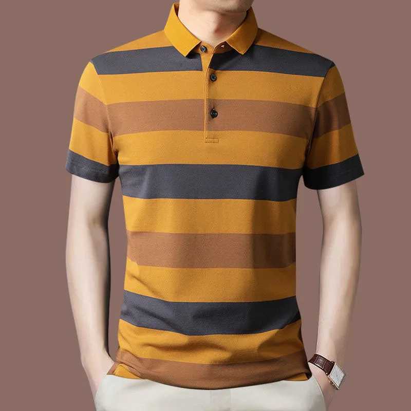 Fashion Men Summer New Striped Polo Shirts Short Sleeve Button Knit Lapel Pullover Business Casual Mens Loose Clothing Top 2022X240920