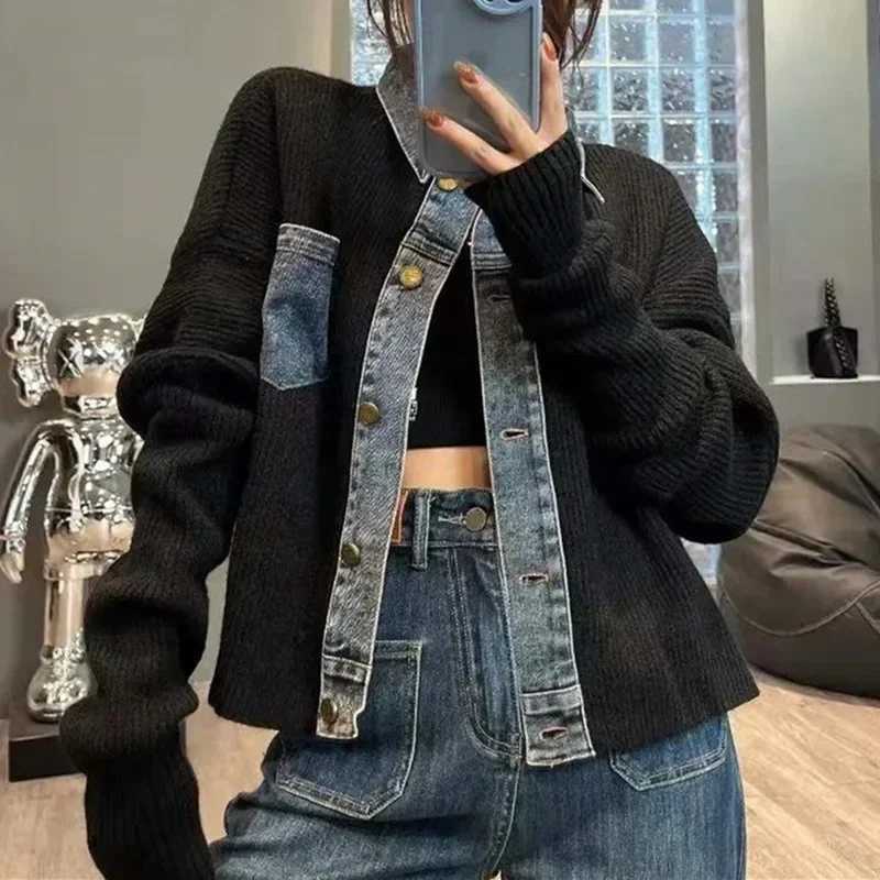 Korean Style Design Niche Loose and Western-style Sweater Womens 2024 Autumn New Denim Patchwork Knitted Top Fashionable JacketX240920
