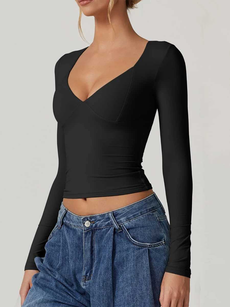 Women s Solid Color T-Shirts Long Sleeves Fit Sweetheart Neck Fall Casual Tops M240920