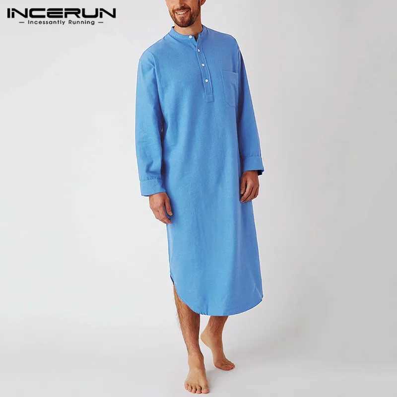 INCERUN Cotton Mens Sleep Robes Solid Color Long Sleeve Nightgown O Neck Leisure Mens Bathrobes Comfort 2023 Homewear Plus Size Y240919